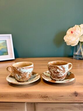 Vintage Brown Blue Spongeware Spatterware Espresso Cup Saucer Set